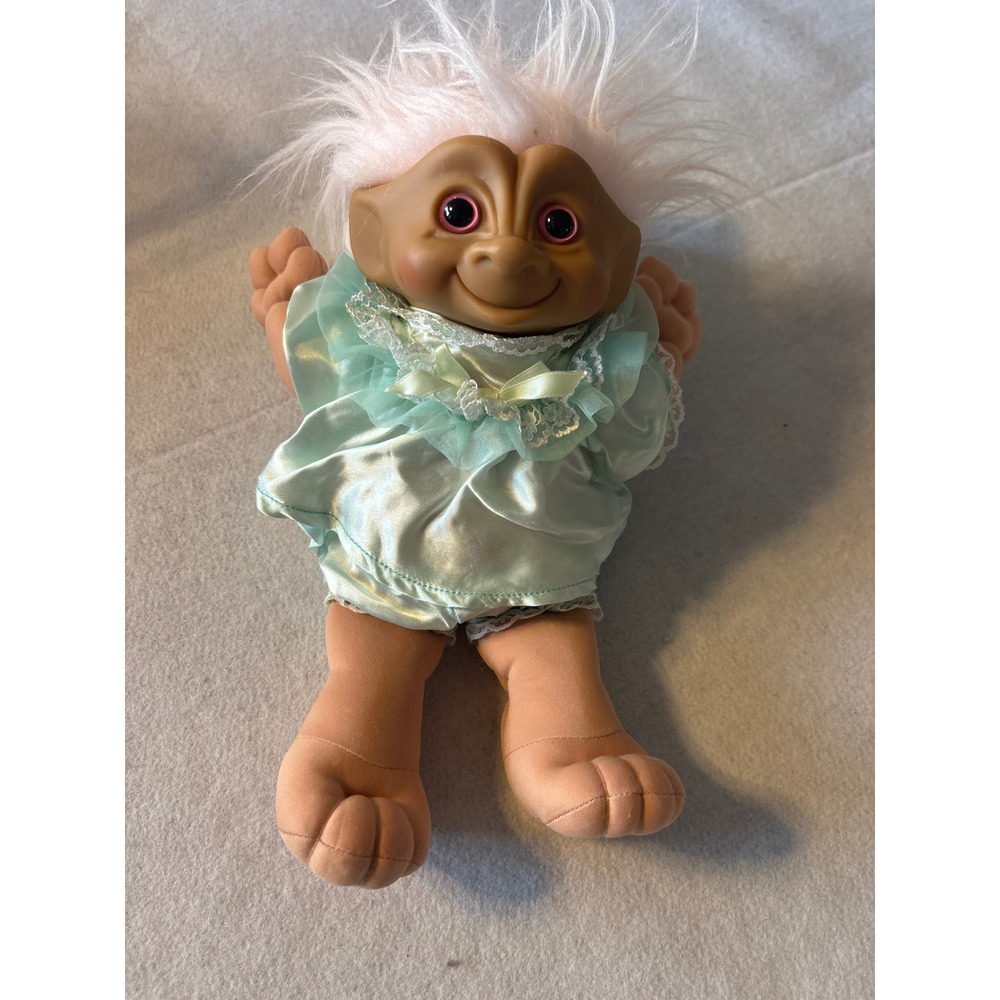 1991 Ace Novelty Treasure Troll Tots Doll Pink Hair Blue Satin Outfit